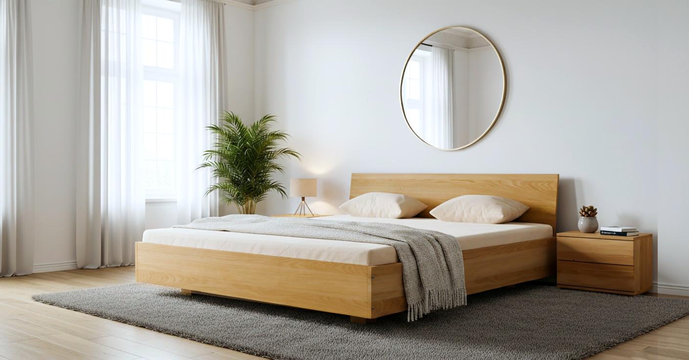 Wooden bed in a bright room